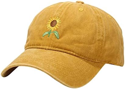 Women Adjustable Size Baseball Caps Sunflower Embroidered Cotton Strapback Hat for Fishing Hunting Hiking (Yellow, One Size)