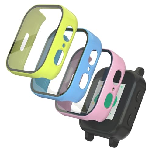 SimpleThings Compatible with Gabb Watch 3 Screen Protector 3Pack HD Clear Tempered Glass Screen Protector & Hard PC Protective Bumper for Boys Girls (BrightBlue+BrightGreen+Pink)