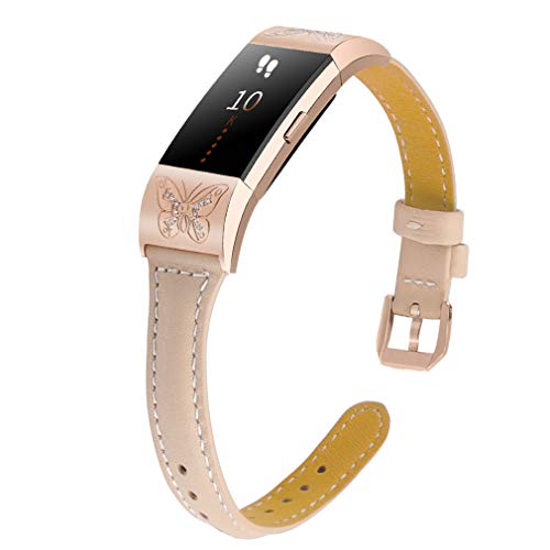 Joyozy Leather Band Compatible with Fitbit Charge 2&Fitbit Charge 2 HR Replacement Bands,Slim Fashionable Genuine Leather Wristband Strap Women5.8''-8.1''(Butterfly Connctor with Rosegold Buckle)
