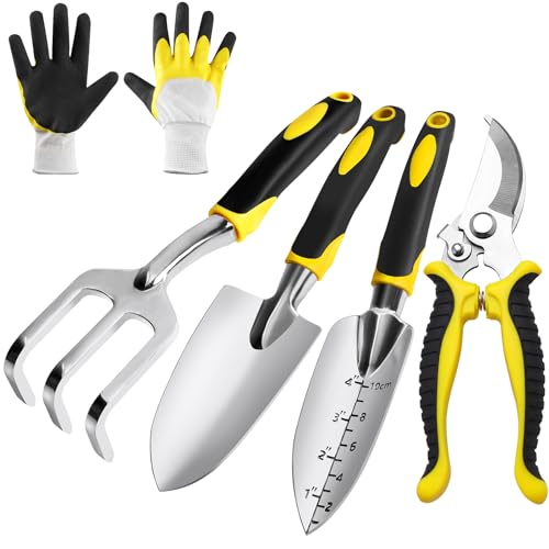 Set di 5 attrezzi da giardinaggio con teste in alluminio pressofuso resistente e impugnatura in gomma antiscivolo, tra cui vanga, cazzuola, coltivatore, potatore e guanti da giardinaggio