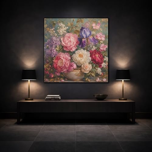 Toile florale rose violet teal avec châssis premium de 3cm - 3