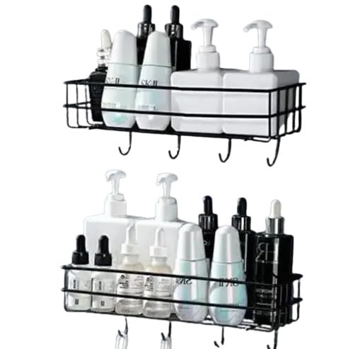 Image of Black Wall Shelf for Bathroom with 4 Hooks, Self Adhesive Wall Storage Organizer, Wall Mount Bathroom Shelf Rust Free
