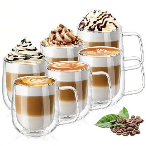 Vicloon Doppelwandige Latte Macchiato Gläser Set 6 Stück Doppelwandige Kaffeegläser mit Henkel 250ml Kaffeetassen Glas für Cappuccino Latte Tee EIS Eistee Bier
