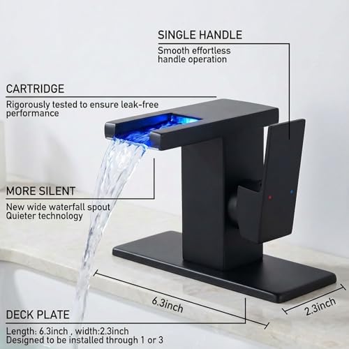 Image of AVSIILE LED Bathroom Sink Faucet, Matte Black Waterfall, Side Handle