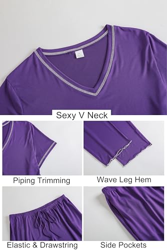 Image of Vozanet Women's Plus Size Pajama Sets Short Sleeve Long Pants Solid Color with Piping Trim Elegant Loungewear Cozy Sleepwear