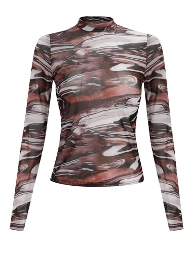 Haut en maille florale noir transparent chic avec col montant et manches longues