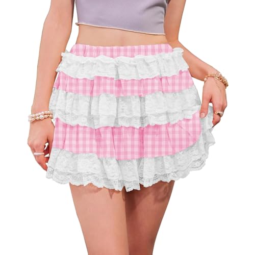 Women Y2K Plaid Tiered Mini Skirt Lace Trim Low Waist Gingham Pleated A Line Short Skirt Holiday Cosplay Rush Skirts