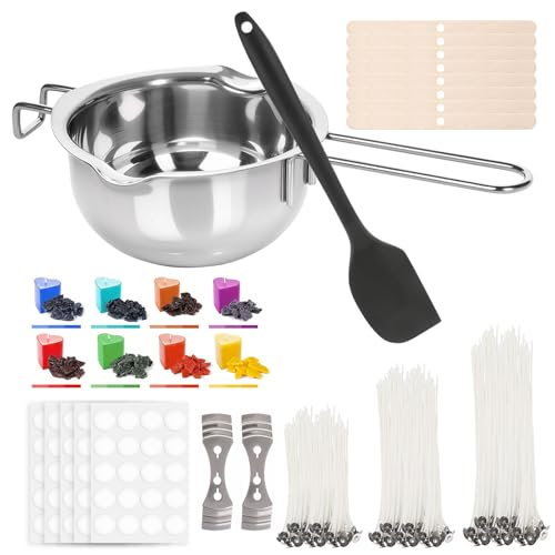 Ayxnzjsjm Kit Fabrication Bougie Kit Bougie a Faire Soi avec 600mL Creuset, 100 Mèches de Bougie, 8 Colorant Bougie, 100 Autocollants Pour Bougies, 8...
