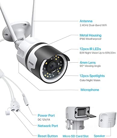 ZOSI 3MP Security Camera Outdoor, 2K Wireless WiFi Spotlight IP Camera with Two-Way Audio, IP66 Waterproof, 80ft Color Night Vision,Human Detection,Motion Alert, Compatible with Alexa-C190