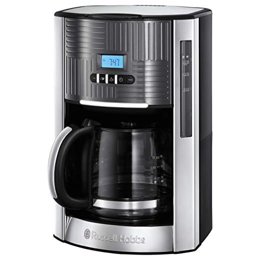 Russell Hobbs Geo Steel kaffebryggare med 1.5L glaskanna, upp till 12 koppar, digital programmerbar timer varmhållningsfunktion, automatisk avstängning, 1000W, filterkaffemaskin, grå/svart 25270-56