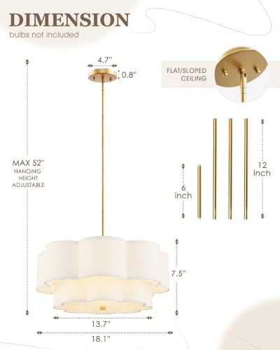 Image of 18 inch Gold Fabric Drum Chandelier, 3-Light Dining Room Light Fixture