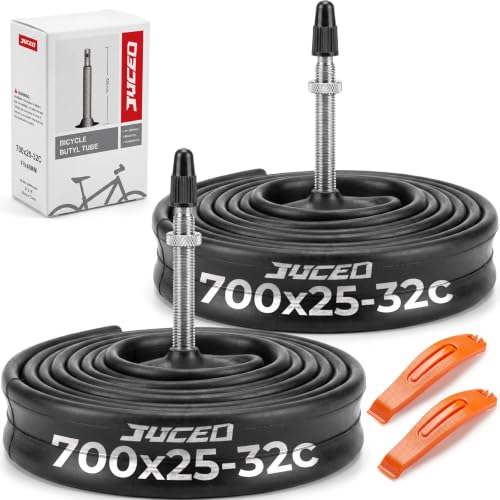 JUCEO 700x25-32c Bike Tubes 48mm Presta Valve 2 Pack with 2 Tire Levers Standard Butyl Rubber 700C Road Bike Inner Tube Low Heat High Stretch Leak Resistant