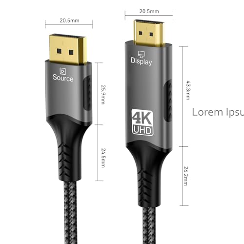 Image of Tobo 4K DisplayPort to HDMI Cable Adapter 3M, DP to HDMI Male Video UHD 4K@30Hz /2K@60Hz /1080P@120Hz Nylon DP to HDTV Uni-Directional Cord for Dll, Projector, Desktop, (3M)