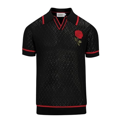 Camisa tipo Polo para Hombre, manga corta, tejido de punto, diseño vintage de bordado de rosa, color negro, cuello en V, algodón con malla