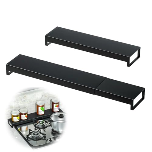 Aquafix 排気口カバー 伸縮式 コンロカバー 金属製 調味料ラック付き 薄型 実用幅43-82cm コンロ奥ラック キッチン用品 油はね防止 邪魔なし（ブラック）