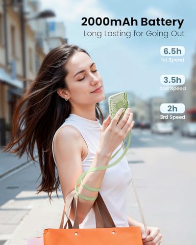 Image of Gaiatop Mini Handheld Fan - 3 Speeds, 2000mAh USB Rechargeable Portable Fan with LED Lighted Makeup Mirror and Stand, Small Personal Fan Ideal for Outdoor Travel, Gifts for Women & Girls (Green)
