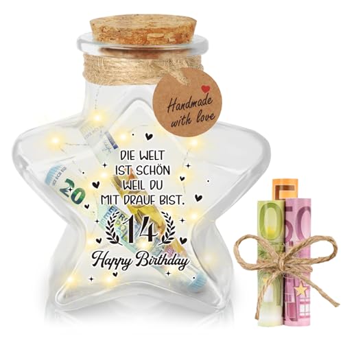 Giftota 14 Geburtstag Mädchen Junge, LED Flaschenlicht Sternform mit Korken, Geldgeschenke Geburtstag 14, Coole Geburtstag Tischdeko, Geschenkideen Geburtstagsgeschenk für Tochter, Sohn, Schwester