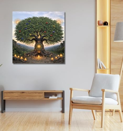 Image of Kunj Cart Kalpavriksha Tree Painting | 8+ DESIGNS | Kalpvriksh Tree Wall Painting | Lucky Tree Wall Art For Living Room, Bedroom and Office Decor | Canvas Painting for Wall Decoration (Design - A, 12x12 Inch, Framed)
