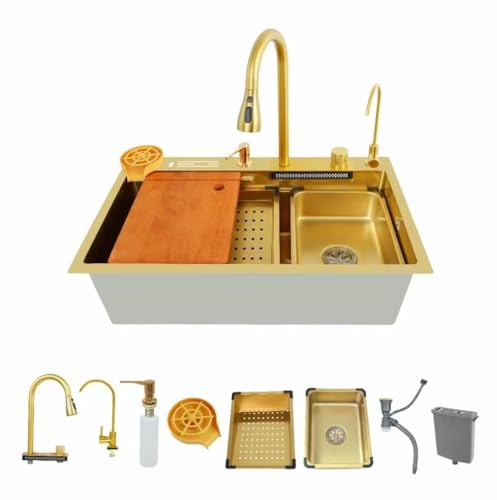 Image of Wallace 304 Grade Gold Single Bowl Multifunction Kitchen Sink 24 x 18 x 10 Inches | Stainless Steel Workstation Sink with Integrated Waterfall Cup Washer Drain Basket RO Tap & Pull Down Faucet