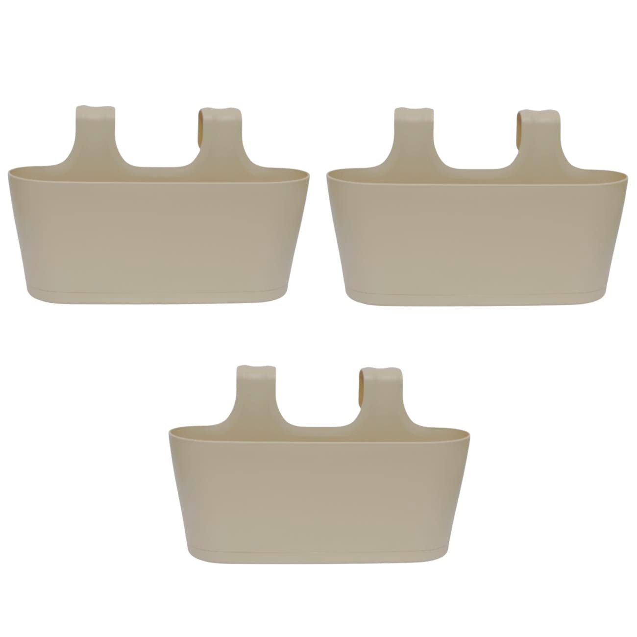 Engelland 3 x Blumenkasten zum Auf-Hängen, Farbe: Sand, Blumentopf, oval, Balkon, Übertopf, Pflanzkasten, mit Wasserspeicher/Wasserauffangschale