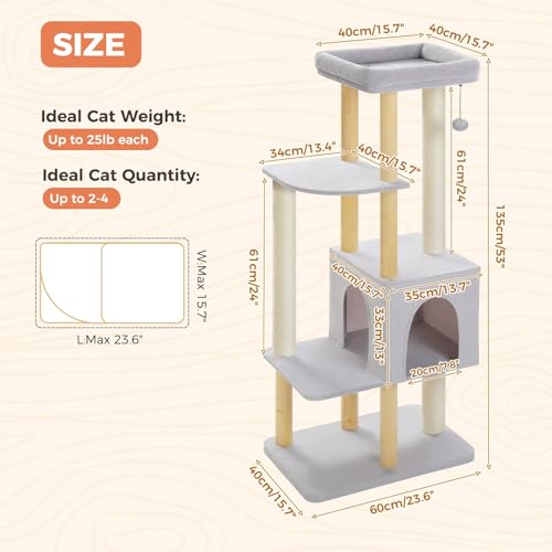 Image of 53 inch Modern Wooden Cat Tree for Large Cats with Solid Wood Posts
