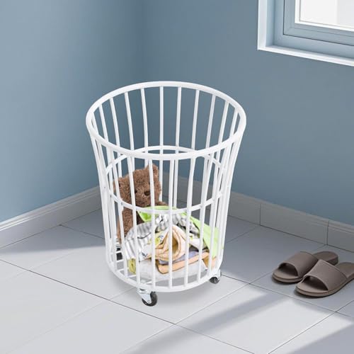 Image of Rolling Laundry Basket Cart Metal Laundry Basket with Wheels,Portable Laundry Hamper Bathroom Dirty Clothes Storage, 11.8in Base Diameter, 14.2(D)x15.7in(H)(J)