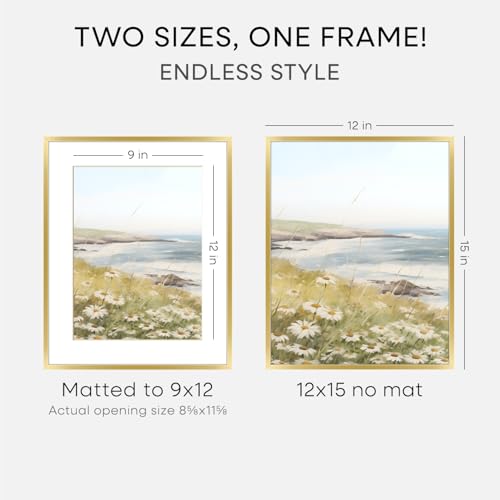 Image of Homeforia 12x15 Picture Frame Gold, High End Metal 12x15 Poster Frames with Mat 9x12 for Photo, 12 x 15 Gold Frame Matted to 9 by 12 Print, 15x12 Thin Hanging Frame, Tempered Glass, Wall Kit, Set of 1
