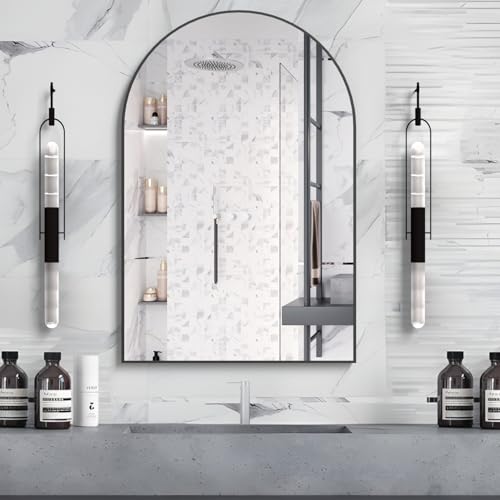 CASSILANDO Half Arched Mirror, 50×75cm Arched Bathroom Wall Mounted Mirror, Black Vanity Mirror for Living Room, Fireplace, Bedroom, Entryway