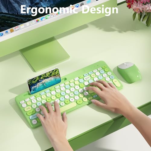 Image of Retro Wireless Keyboard and Mouse Combo, Full-Size USB Keyboard with Round Keycaps, 2.4GHz Wireless for Desktop, Laptop and Computer (Green-Colorful)