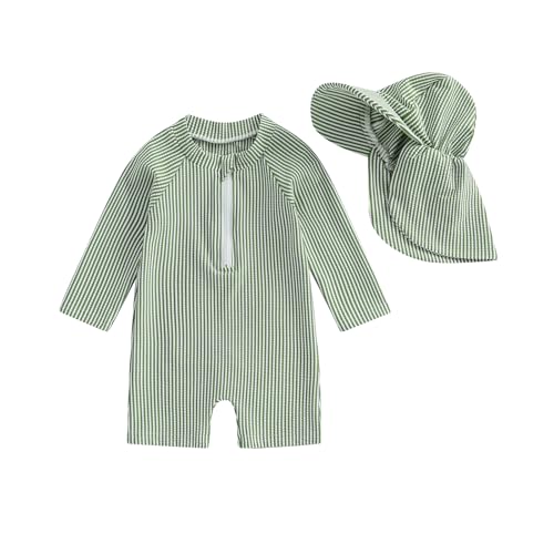 Gueuusu Baby Boys Girls Swimsuit One Piece Striped Zipper Bathing Suit Rash Guard Long Sleeve Seersucker Swimwear Sunsuit (Green 0-3 Months)