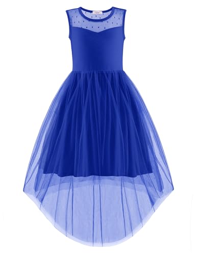 Image of Arshiner Girls Dresses Formal Party Wedding Tulle Sleeveless Contrast Mesh High Low Dress with Belt