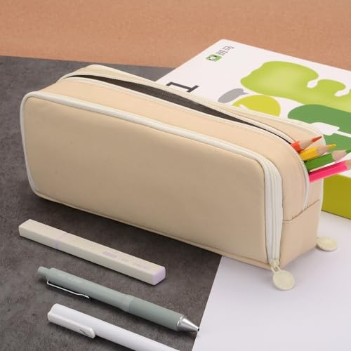 Image of Large Capacity Special Aesthetic Pencil Case Organizer with 3 Compartments, Big Preppy School Pencil Pouch Bag for Girls Women Adults, Pencil Holder Pen Pouch Cases (Khaki)