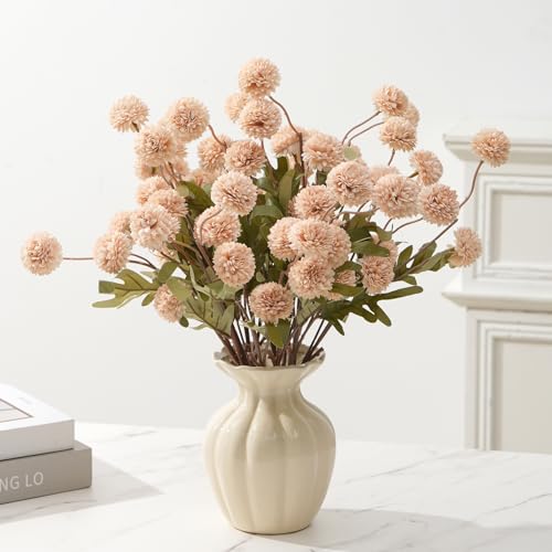 trytuny Fake Fall Flowers for Vase, Faux Silk Kiku Mums, Artificial Pom pom Floral Bouquets Indoor Centerpiece Office Coffee Table Boho Home Decorations (9, Khaki)
