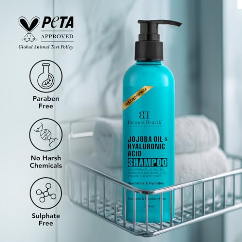 Image of Botanic Hearth Jojoba & Hyaluronic Acid Shampoo with 100% Pure Jojoba Oil & Aloe Extracts | Hydrates Hair & Adds Shine | For Dry & Dehydrated Hair | Shampoo for Women and Men | Sulphate & Paraben Free | 200 ml
