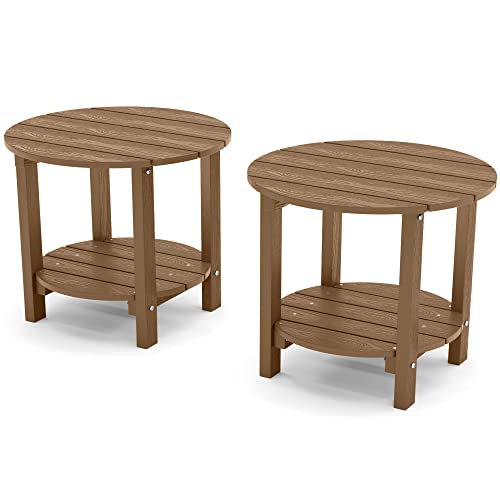 Yefu Adirondack Side Table Set Of 2, Double Outdoor Side Table, Poly Lumber End Table, Weather Resistant For Indoor, Patio, Pool, Porch, Backyard-Teak #TOP29