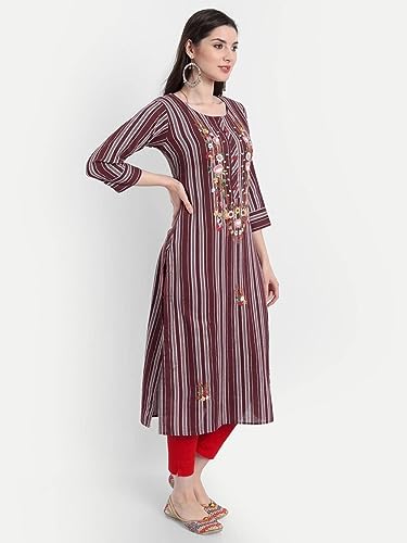 Image of Siyanic Marron Khadi Striped Womens Cotton Kurta || Cotton Kurta || Womens Khadi Kurta