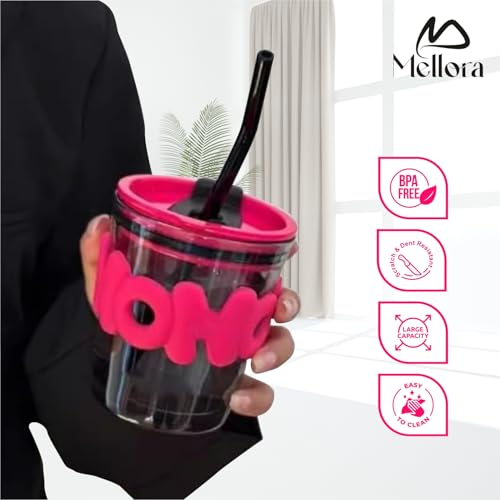 Image of MELLORA HOHO Glass Tumbler with Straw, Leak-Proof Lid & Letter Rubber Grip - 400ml | Stylish Wide Mouth Flask for Hot & Cold Beverages | Easy-Clean Mug for Office, Gym & Travel | Hot Pink
