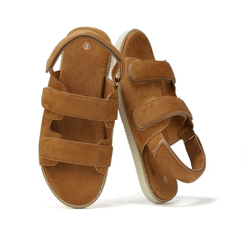 Summer Men Sandals for Suede, Comfortable Flats with Memory Foam Insole, EVA Outsole Non-Slip Casual Fashion Hook&Loop Closures Slides-H