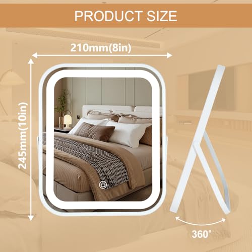 Lighted Makeup Mirror, Rechargeable Vanity Mirror with Lights 10''x8'' Makeup Mirror with Lights,Light up Mirror Touch Screen with 3-Color Lighting,for Women Gift,Travel Essentials