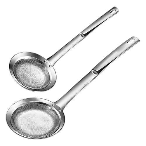 2pcs Fine Meshes Stainless Steel Strainer Spoon Oil Skimmers For Kitchen Soup Grease Filtering With Ergonomic Handle