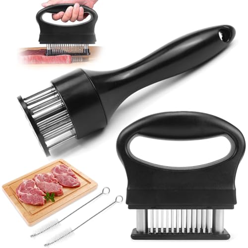 WPPQWP Attendrisseur de viande en acier inoxydable (rectangulaire et rond) avec 2 brosses de nettoyage, assouplisseur de viande Steaker Kitchen Aid, 48 lames et 21...