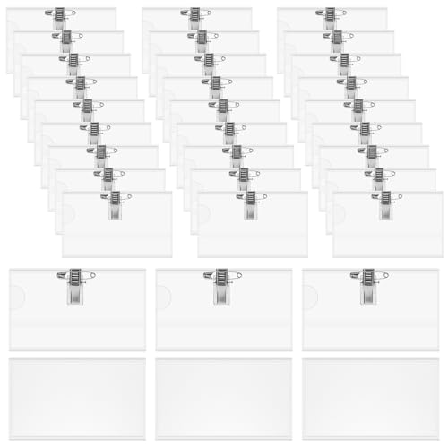 24 placas para nombre para ropa, 9 x 5,7 cm, soporte para tarjetas de identificación de PVC, transparente con clip y pin, para colocar en la escuela, empresas, conferencias, viajes