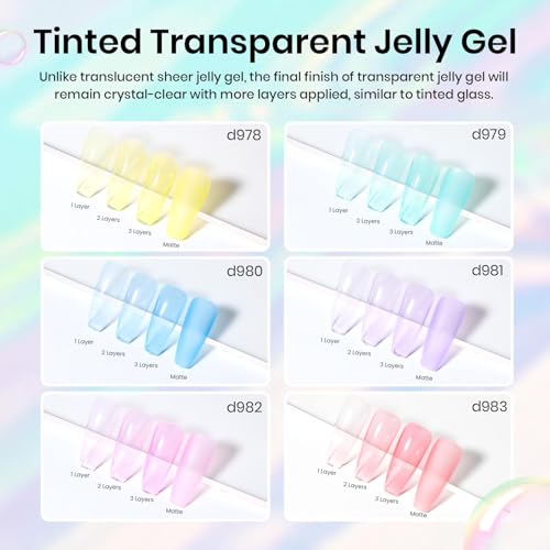 Image of Beetles Pastel Gel Nail Polish Set, 6 Colors Jelly Pink Red Blue Green Purple Yellow Gel Polish kit Spring Summer Crystal Glass Translucent Effect Rainbow French Nail Art Soak Off UV Gift for Women
