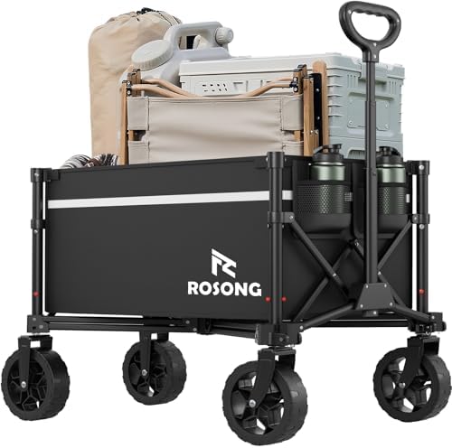 ROSONG Collapsible Wagon Cart with Wheels Foldable - Folding Utility Heavy Duty Wagons Carts for Grocery Sports Garden Shopping Camping Wheelbarrows (Black, 90L)