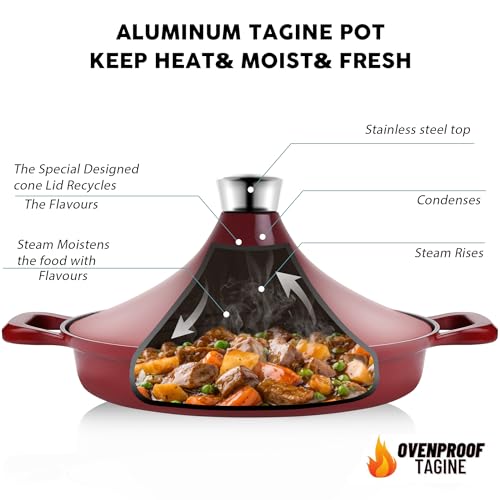 Image of Non-Stick Frying Pan /Skillet 11 inch, 3QT Tagine Pan,Cast Aluminum Pans with Lid, Stove /Oven-to-Table Cookware, Dishwasher Safe& Compatible with All Stovetops(Red)