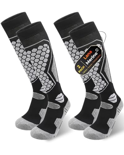 QUPOLPOL Calcetines de Esquí Lana Merino Térmicos – 2 Pares Calcetines Altos para Hombre y Mujer, Cálidos, Transpirables e Imbottados para Nieve, Snowboard y Invierno, Talla EU 39-44