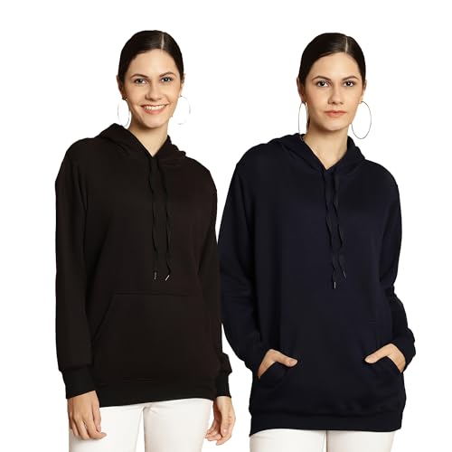 Image of Mack Jonney Solid Hooded Cotton Fleece Sweatshirt for Women (Pack of 2)-MACK50923
