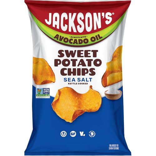 Image of Jackson's Sweet Potato Kettle Chips with Sea Salt made with Premium Avocado Oil (5 oz, Pack of 7) - Allergen-friendly, Gluten Free, Peanut Free, Vegan, Paleo Friendly - Shark Tank Product