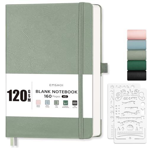 EMSHOI Carnet vierge A5 – Carnet de croquis en cuir de 120 g/m² à couverture rigide avec pochoir, 160 pages non lignées, carnet de croquis d'art uni pour homme et femme, pour travail, école, dessin, EMSHOI Carnet vierge A5 – Carnet de croquis en cuir de 120 g/m² à couverture rigide avec pochoir, 160 pages non lignées, carnet de croquis d'art uni pour homme et femme, pour travail, école, dessin,