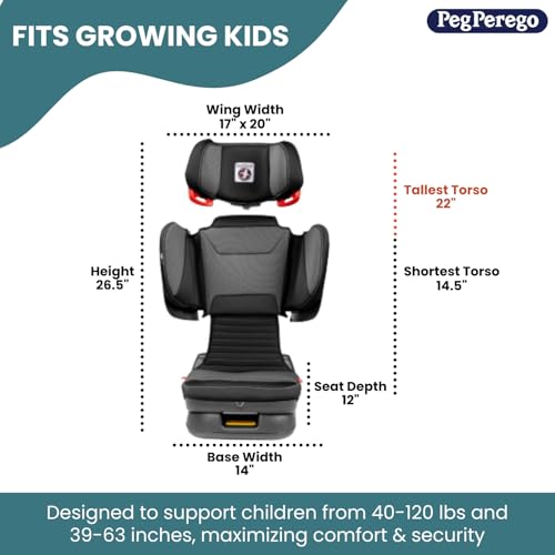 Peg Perego Viaggio Flex 120 Booster, 4D Total Adjust for Safety & Comfort, No Armrests, Compact Fold for Travel, 40-120 lbs, Made in Italy, Licorice (Black)